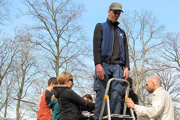 Eine Gruppe von Menschen unterhalb einer Leiter. Eine Person steht auf der Leiter Eine Gruppe von Menschen unterhalb einer Leiter. Eine Person steht auf der Leiter